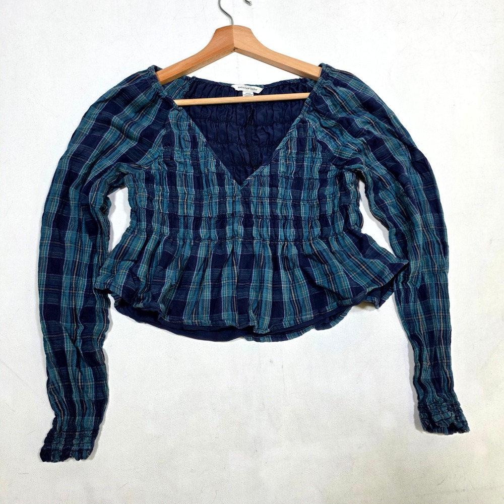 American Eagle Plaid Smocked Peplum Top Womens Medium Blue Long Sleeve V-Neck